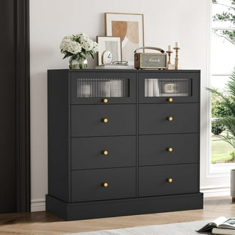 HOA 8 Drawer Double Dresser for Bedroom, Wood Chest of Drawers Storage Cabinet with 2 Glass Doors & Sturdy Base, Black