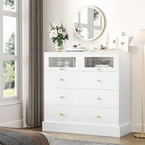 HOA 8 Drawer Double Dresser for Bedroom, Wood Chest of Drawers Storage Cabinet with 2 Glass Doors & Sturdy Base, Black