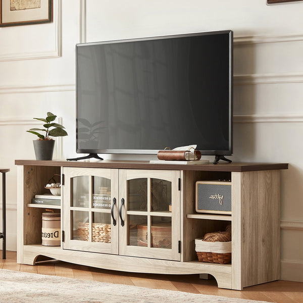 LCF LINSY HOME Modern Farmhouse TV Stand for TVs up to 65",Home Entertainment Center with Storage Cabinet and Adjustable Shelves,Washed Grey & Brown