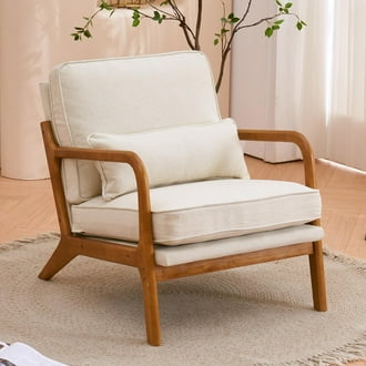 UMBG UBesGoo Modern Arm Chair Linen Fabric Upholstered Comfy Reading Accent Chair with Solid Wood Frame Beige